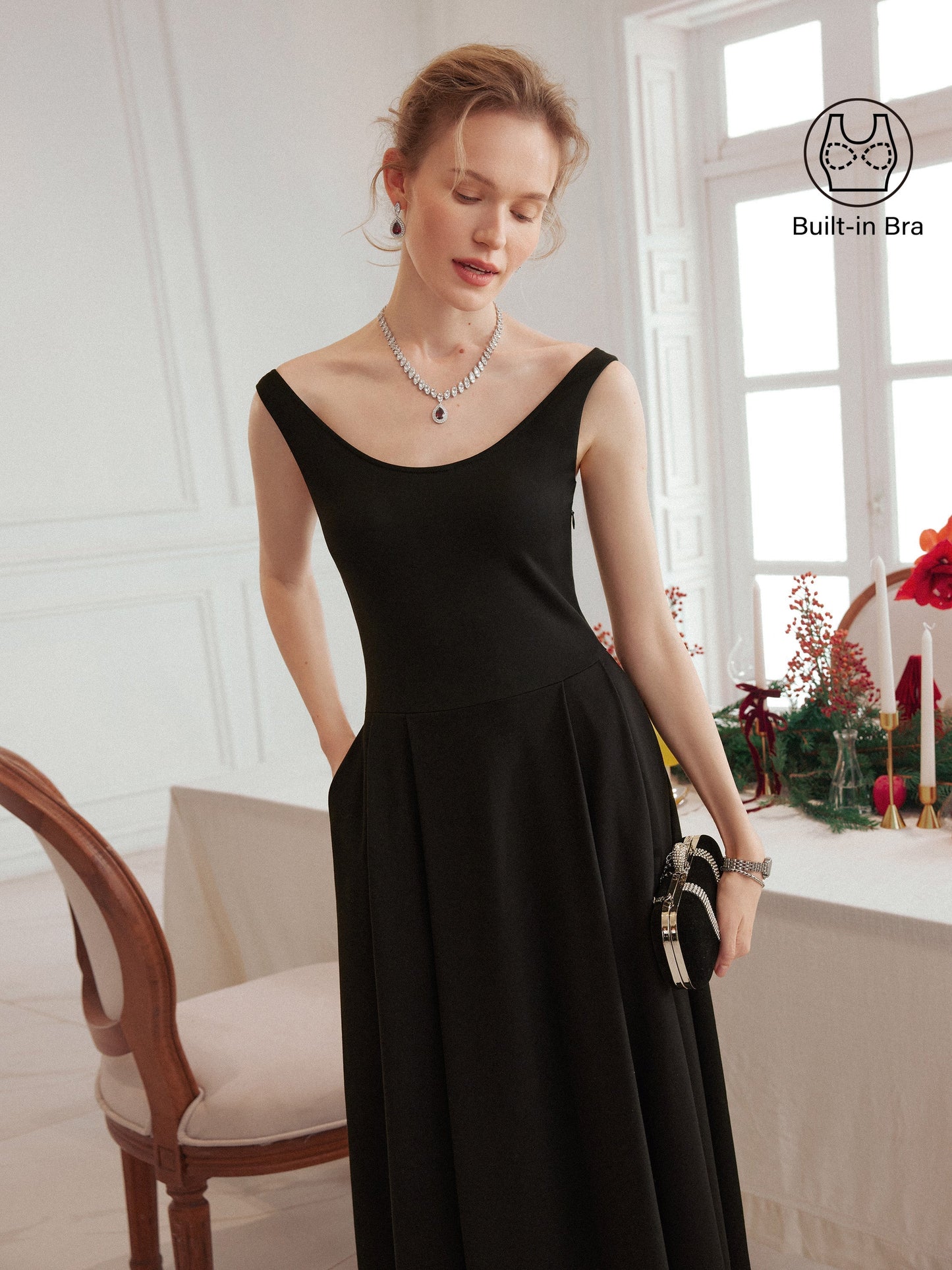 Damen Midi-Bra-Kleid mit Rundhalsausschnitt und Taschen