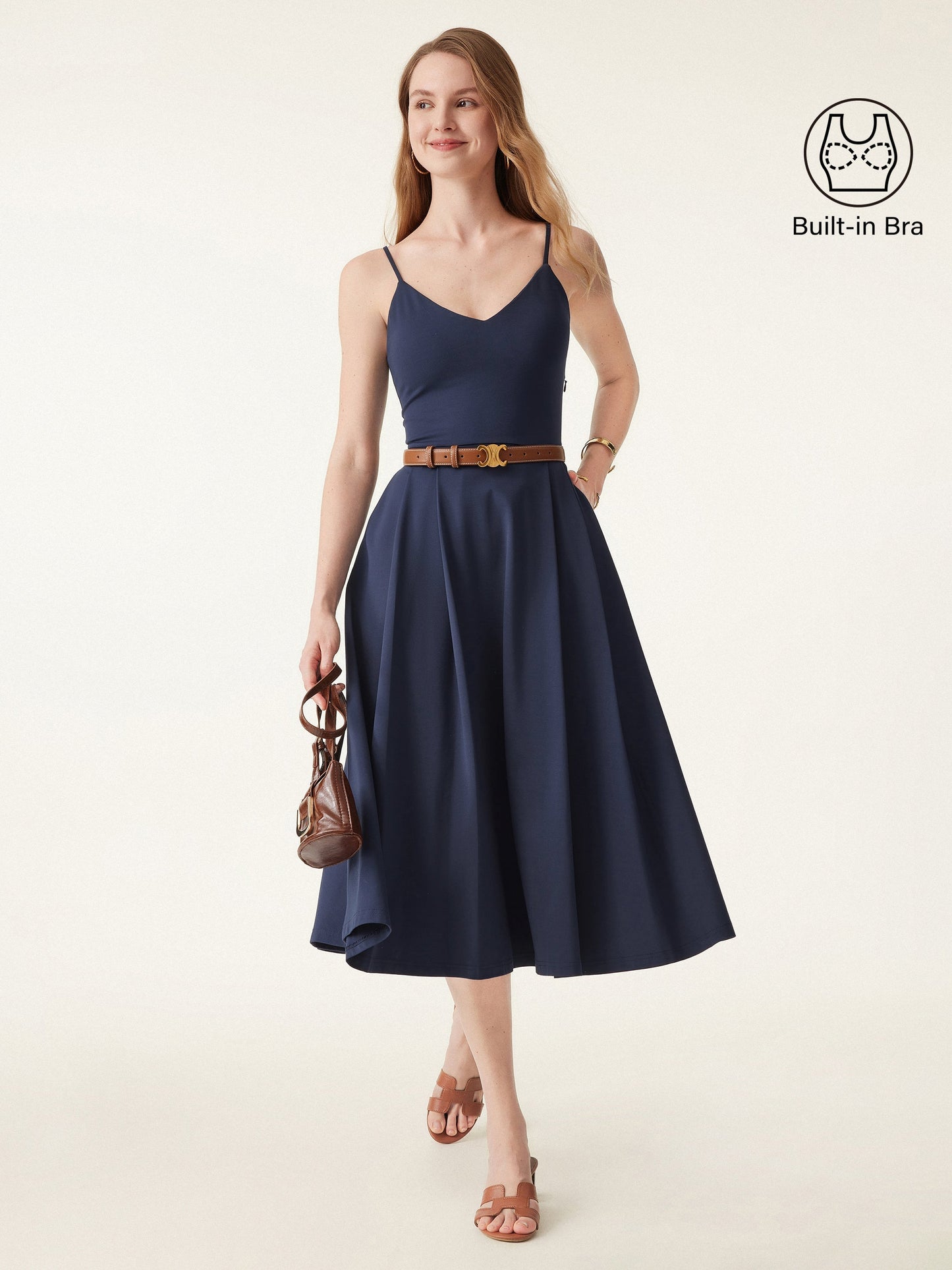 Damen Bamboo Ponte V-Ausschnitt Fit-and-Flare Midi Bra Sundress mit Taschen