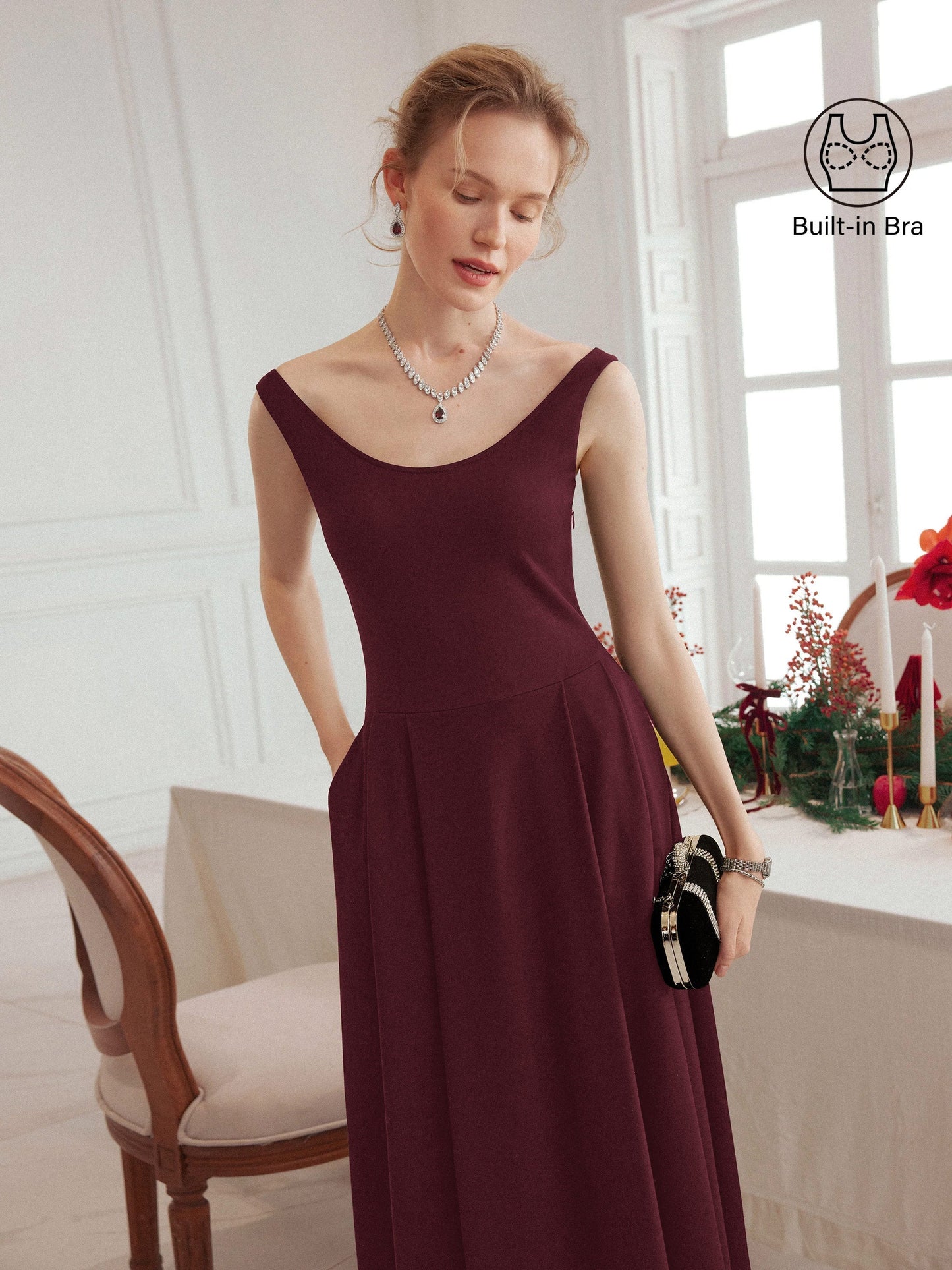 Damen Midi-Bra-Kleid mit Rundhalsausschnitt und Taschen