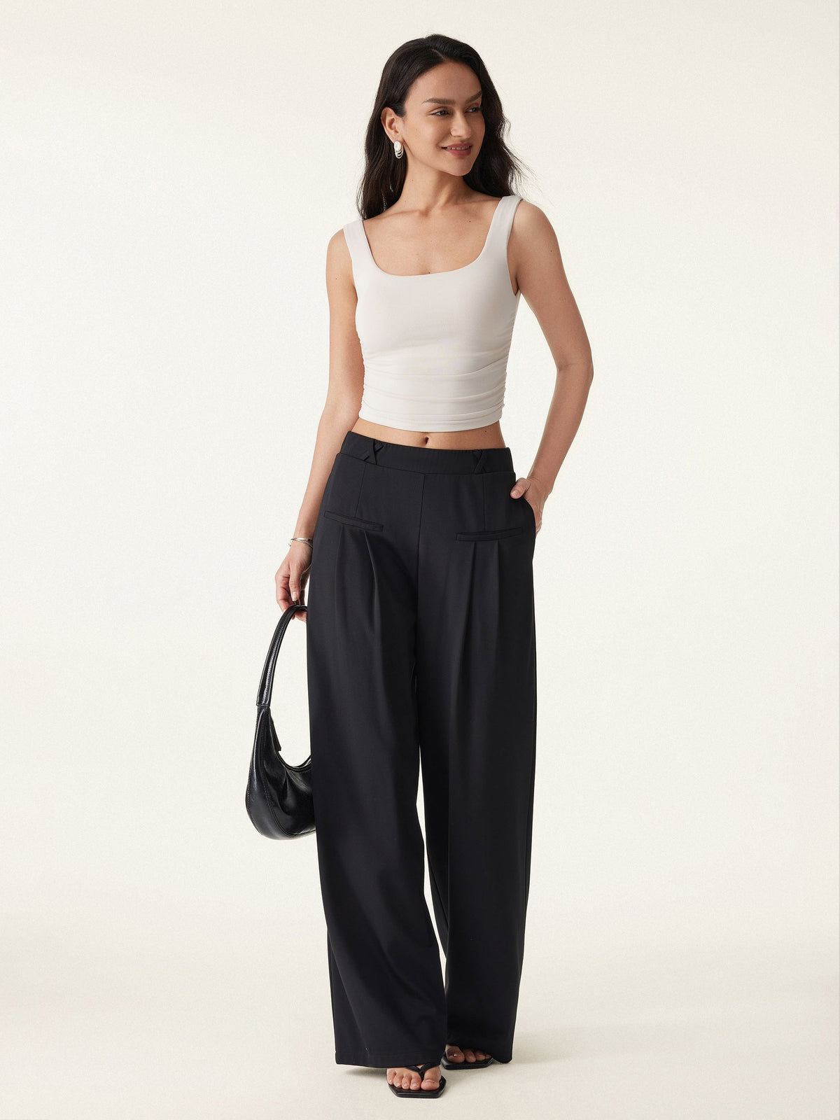 Drapey Bamboo Ponte Mid Rise Wide Leg Hose mit Taschen