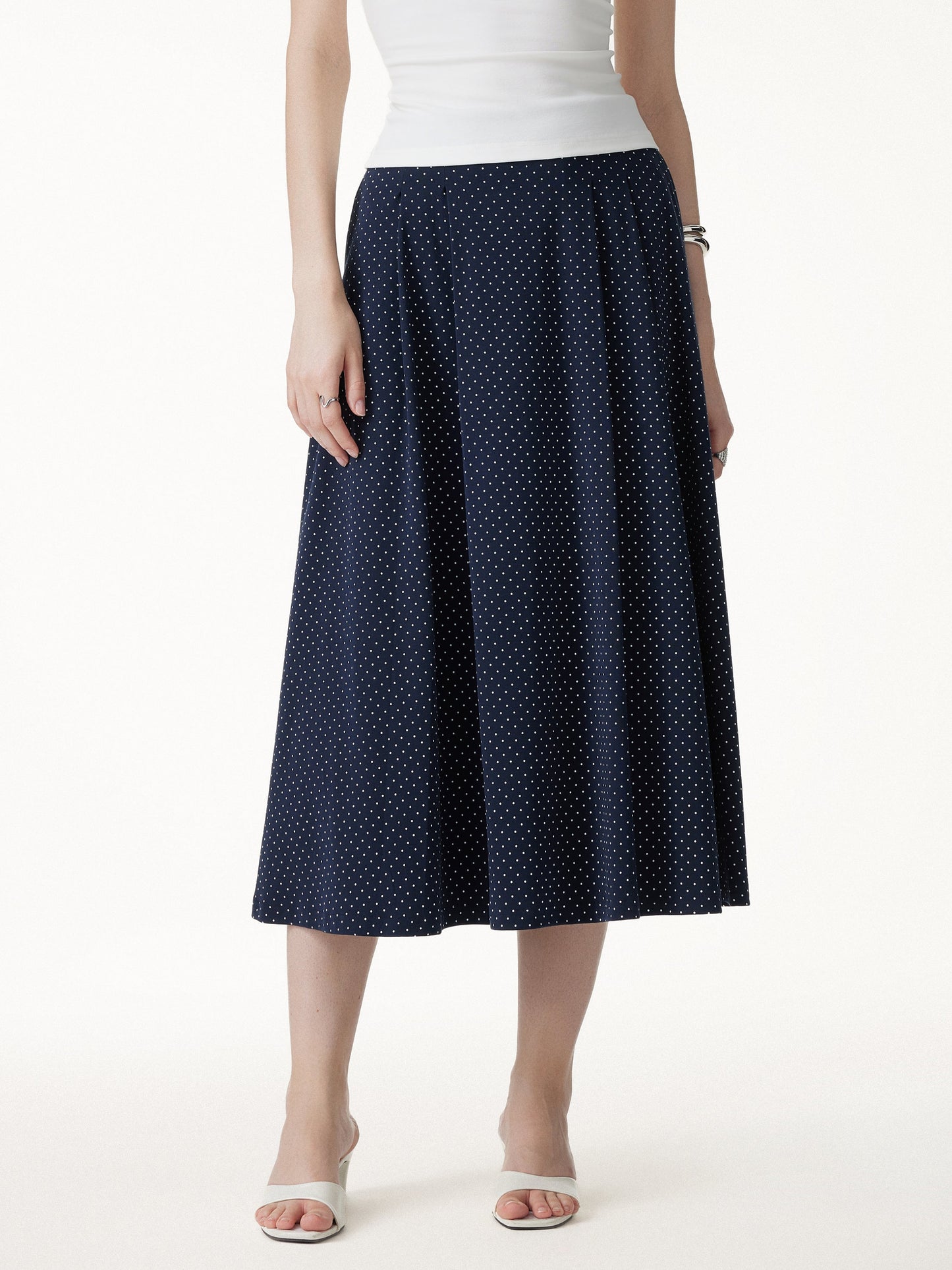 Stretch Baumwolle Polka Dot A-Linie Flare Midi Rock mit Taschen