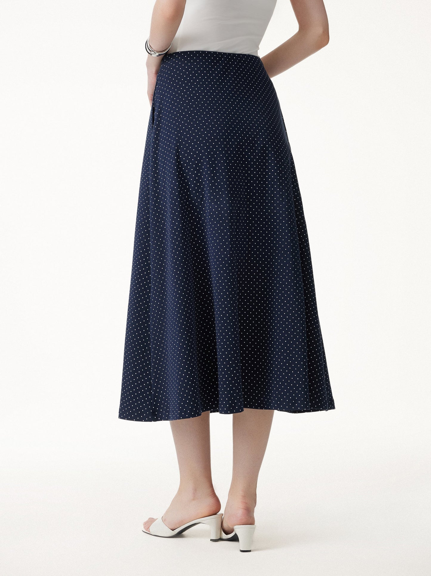 Stretch Baumwolle Polka Dot A-Linie Flare Midi Rock mit Taschen