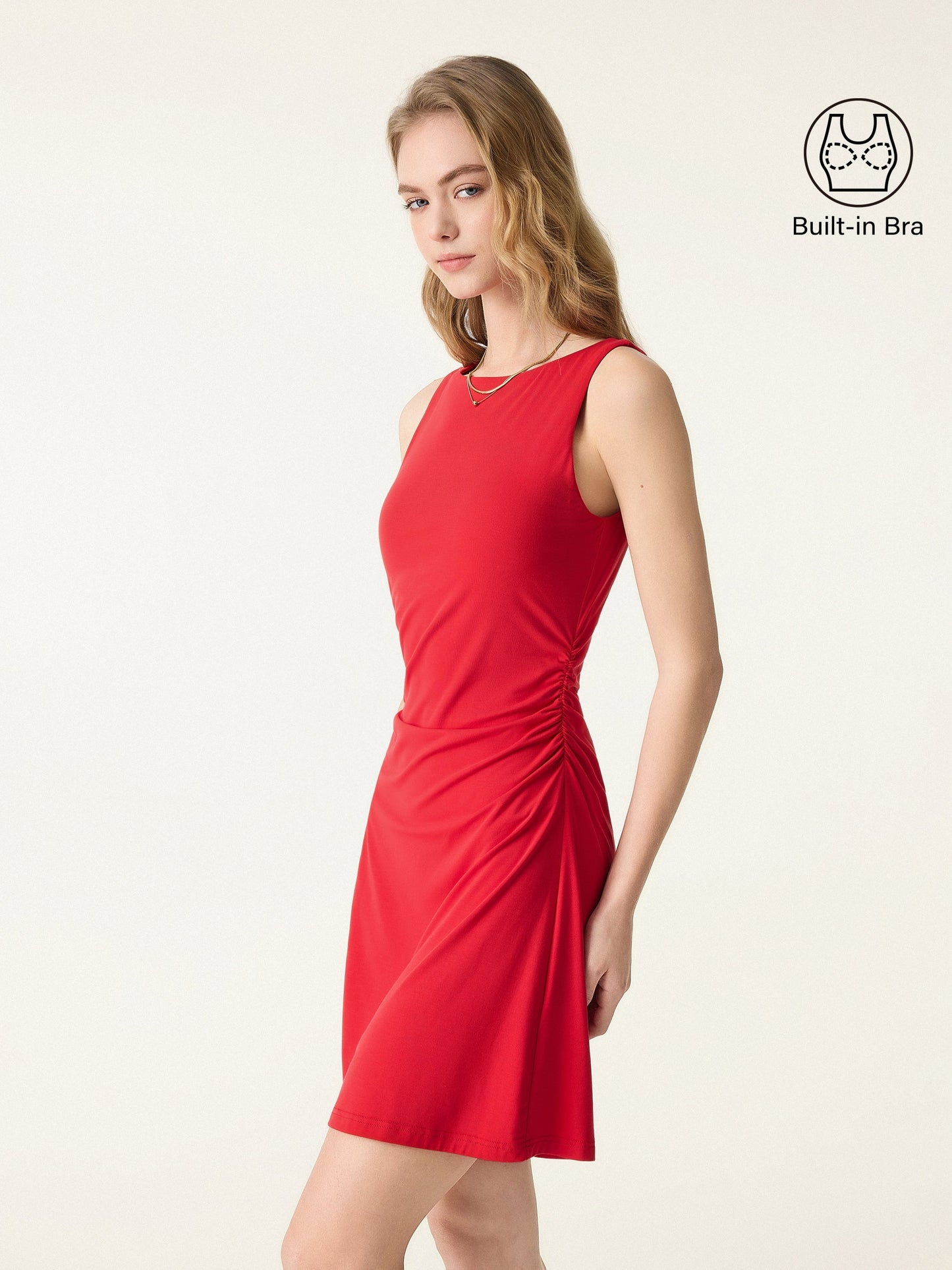 Damen Bootsausschnitt Raffung A-Linie Mini-Bra-Kleid