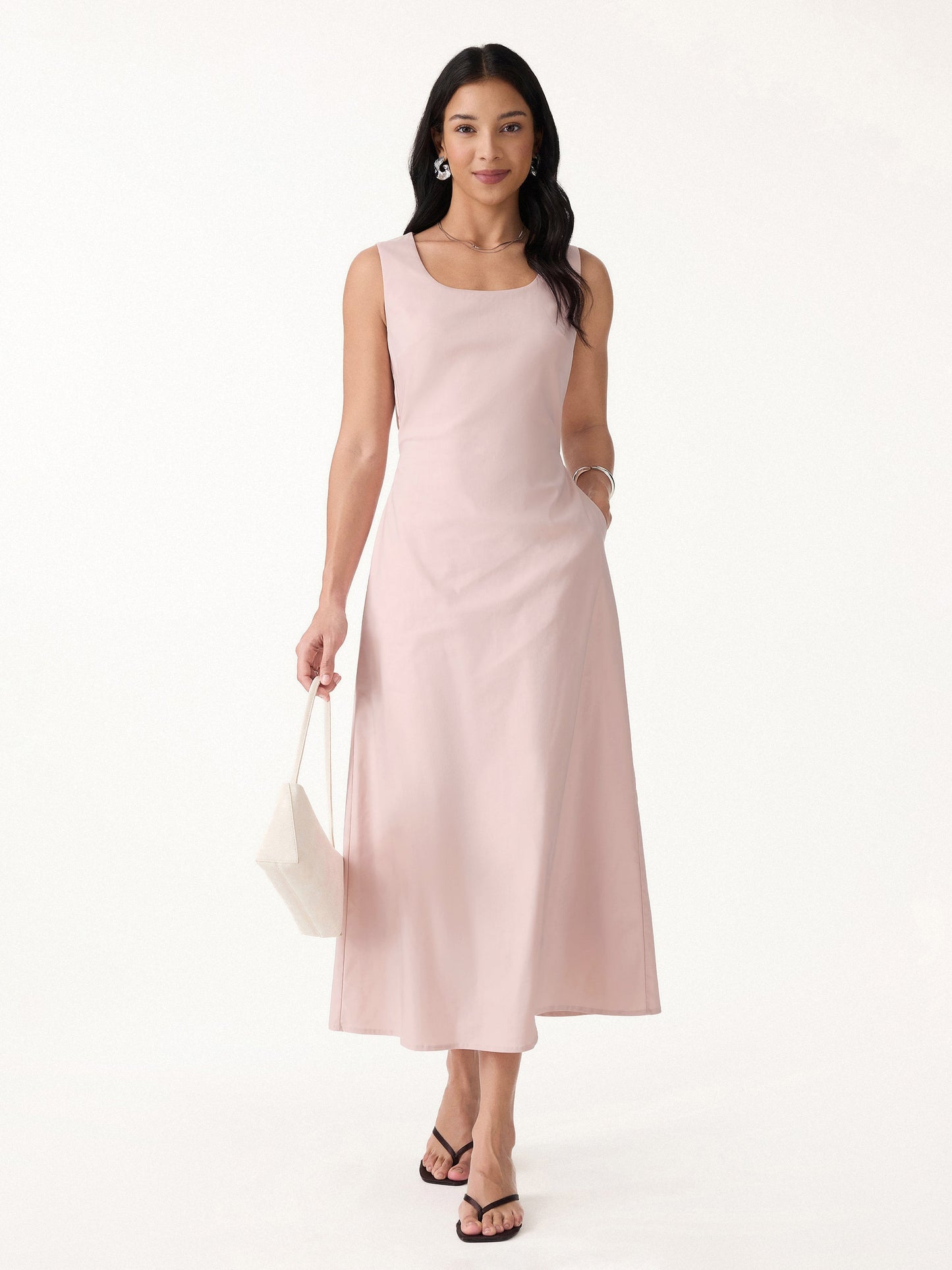 Leinen-Mix U-Ausschnitt Maxi-Kleid mit Taschen