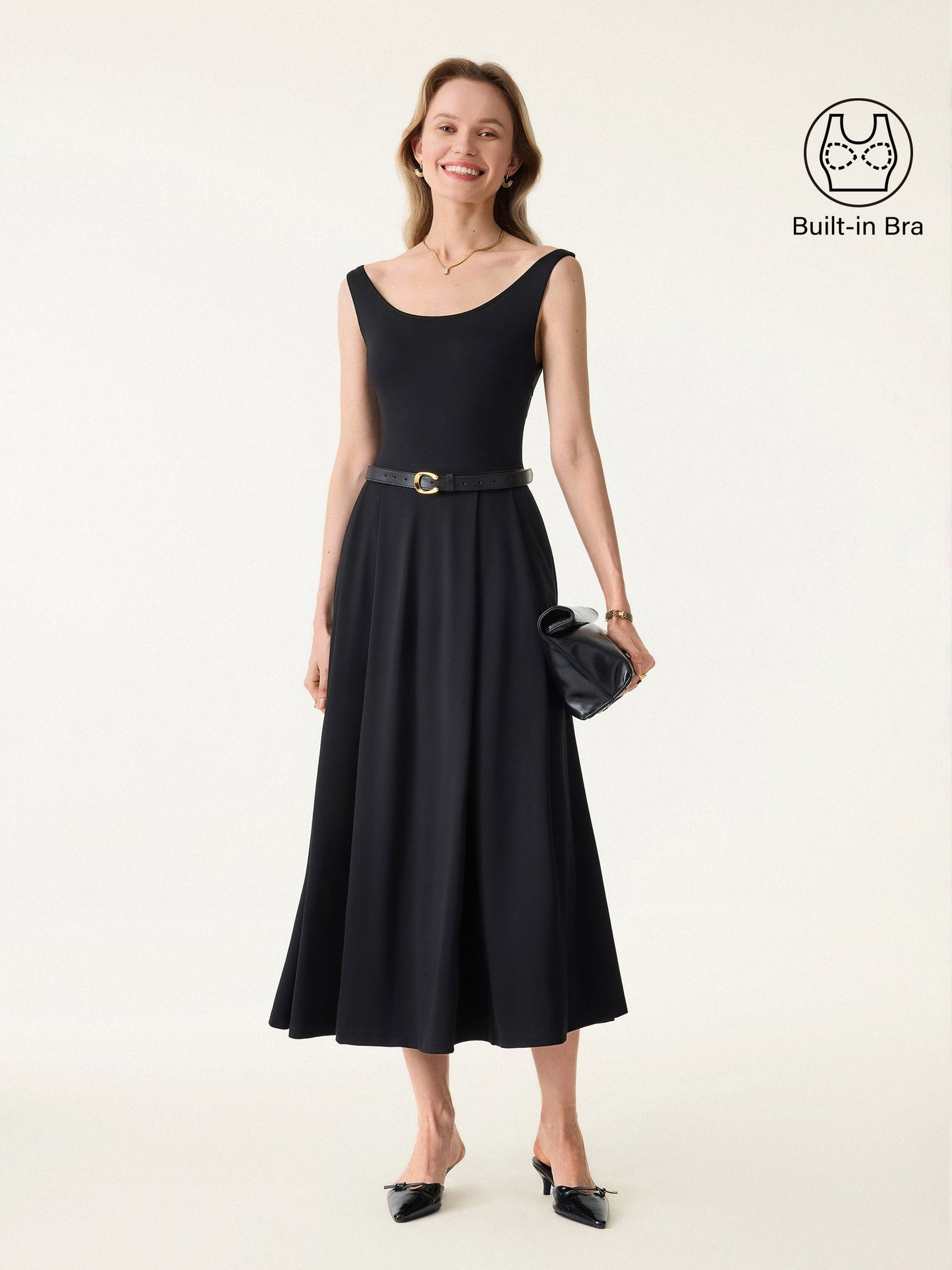 Damen Midi-Bra-Kleid mit Rundhalsausschnitt und Taschen