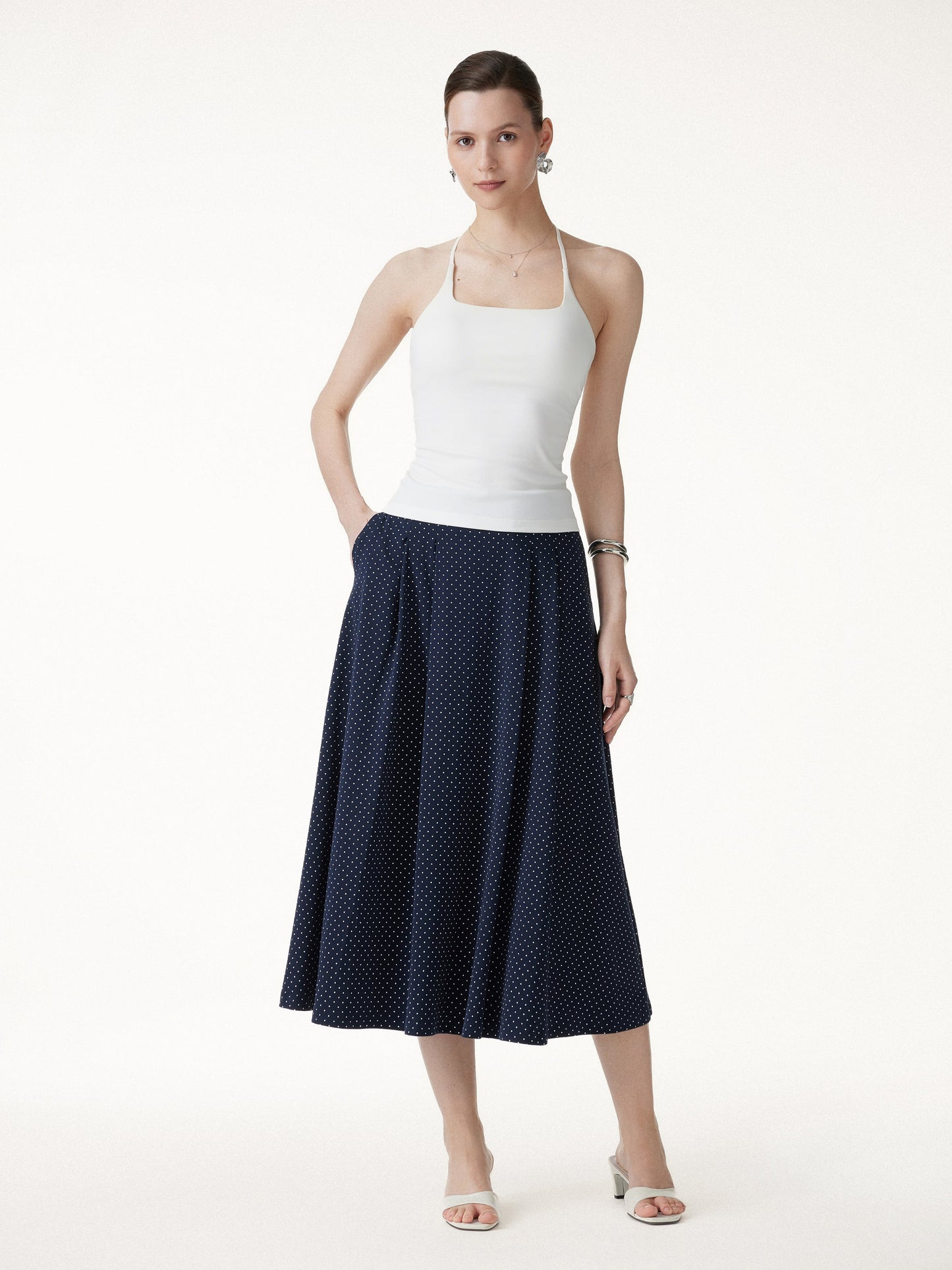 Stretch Baumwolle Polka Dot A-Linie Flare Midi Rock mit Taschen
