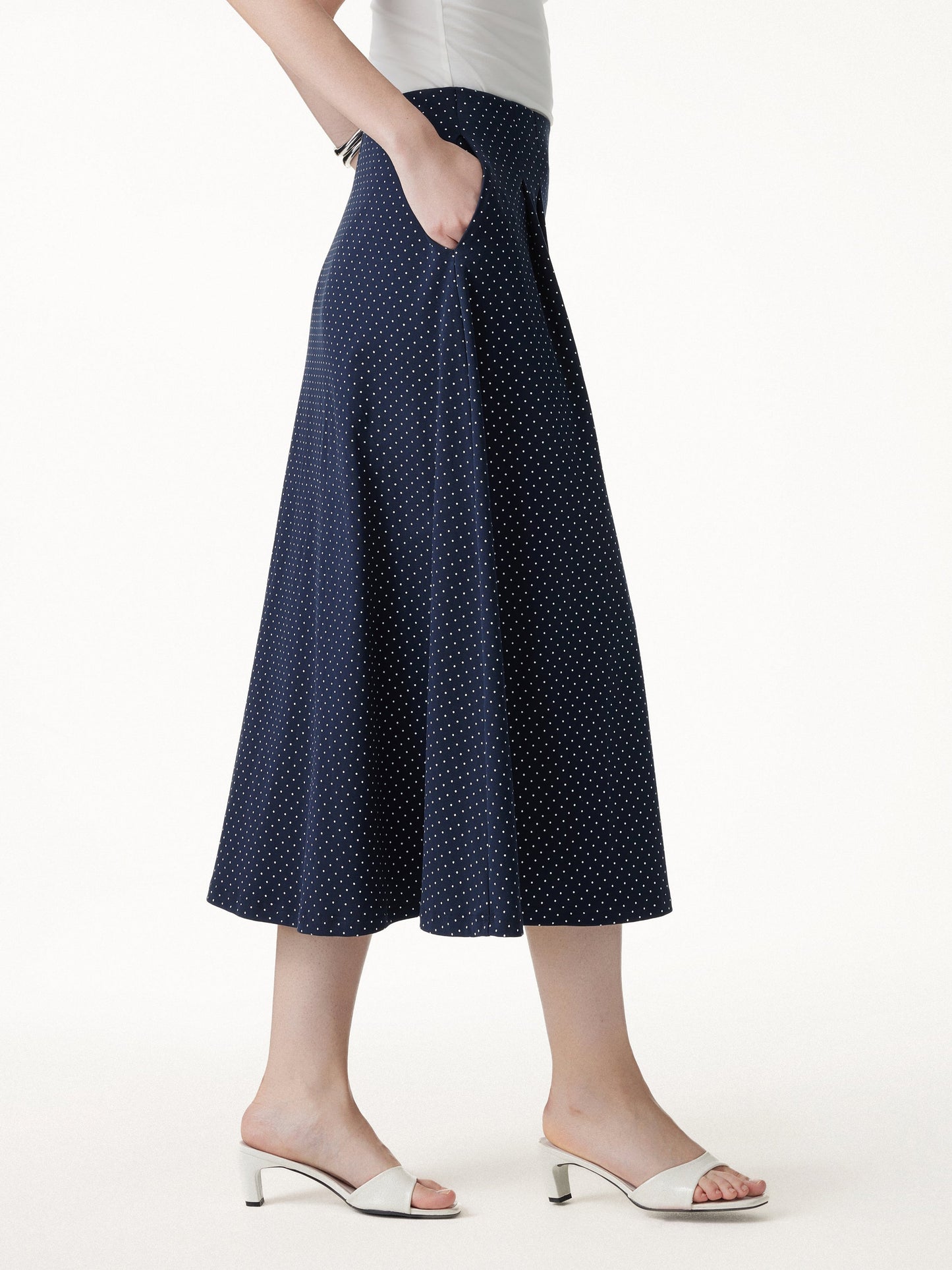 Stretch Baumwolle Polka Dot A-Linie Flare Midi Rock mit Taschen