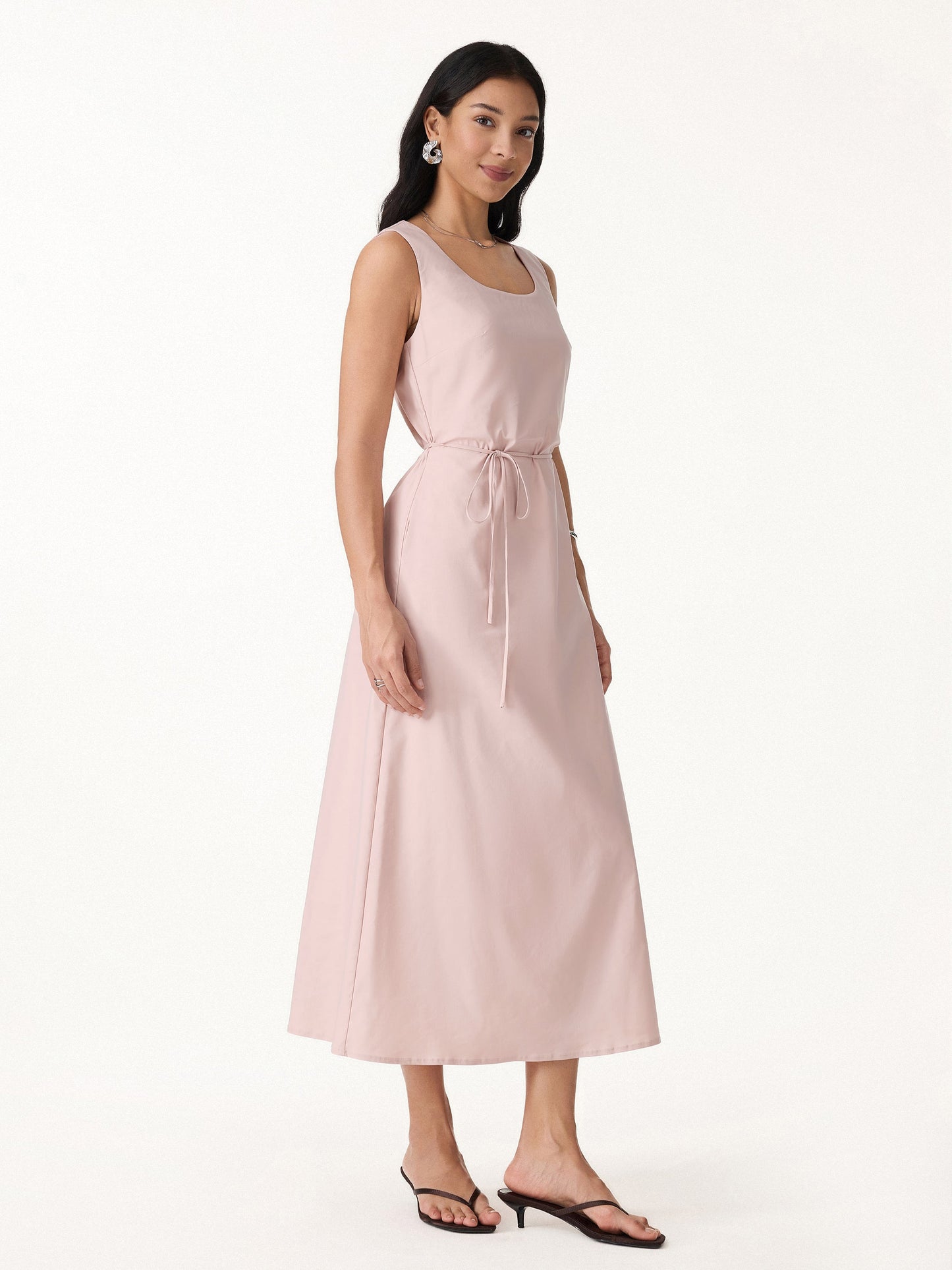 Leinen-Mix U-Ausschnitt Maxi-Kleid mit Taschen