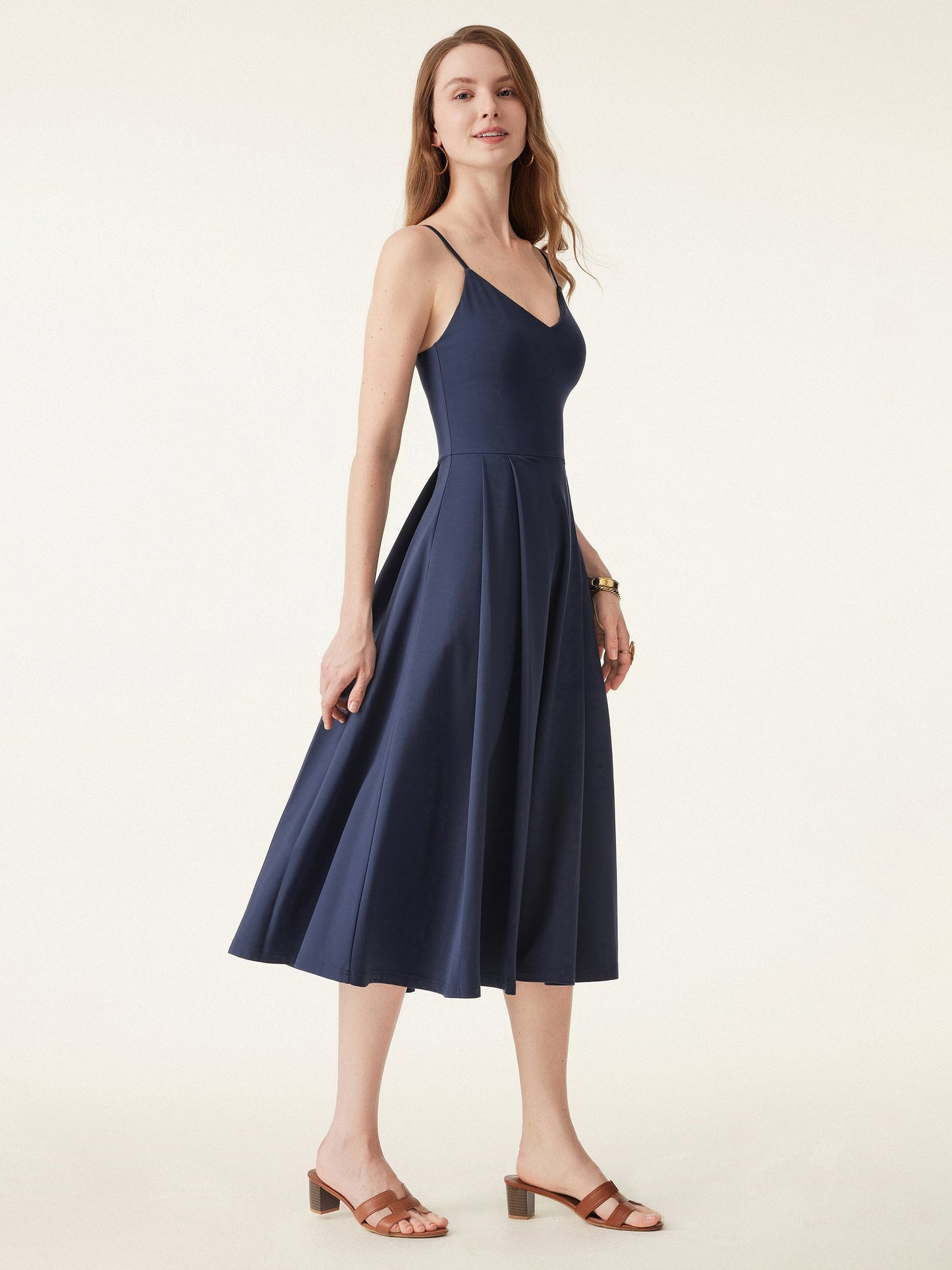 Damen Bamboo Ponte V-Ausschnitt Fit-and-Flare Midi Bra Sundress mit Taschen