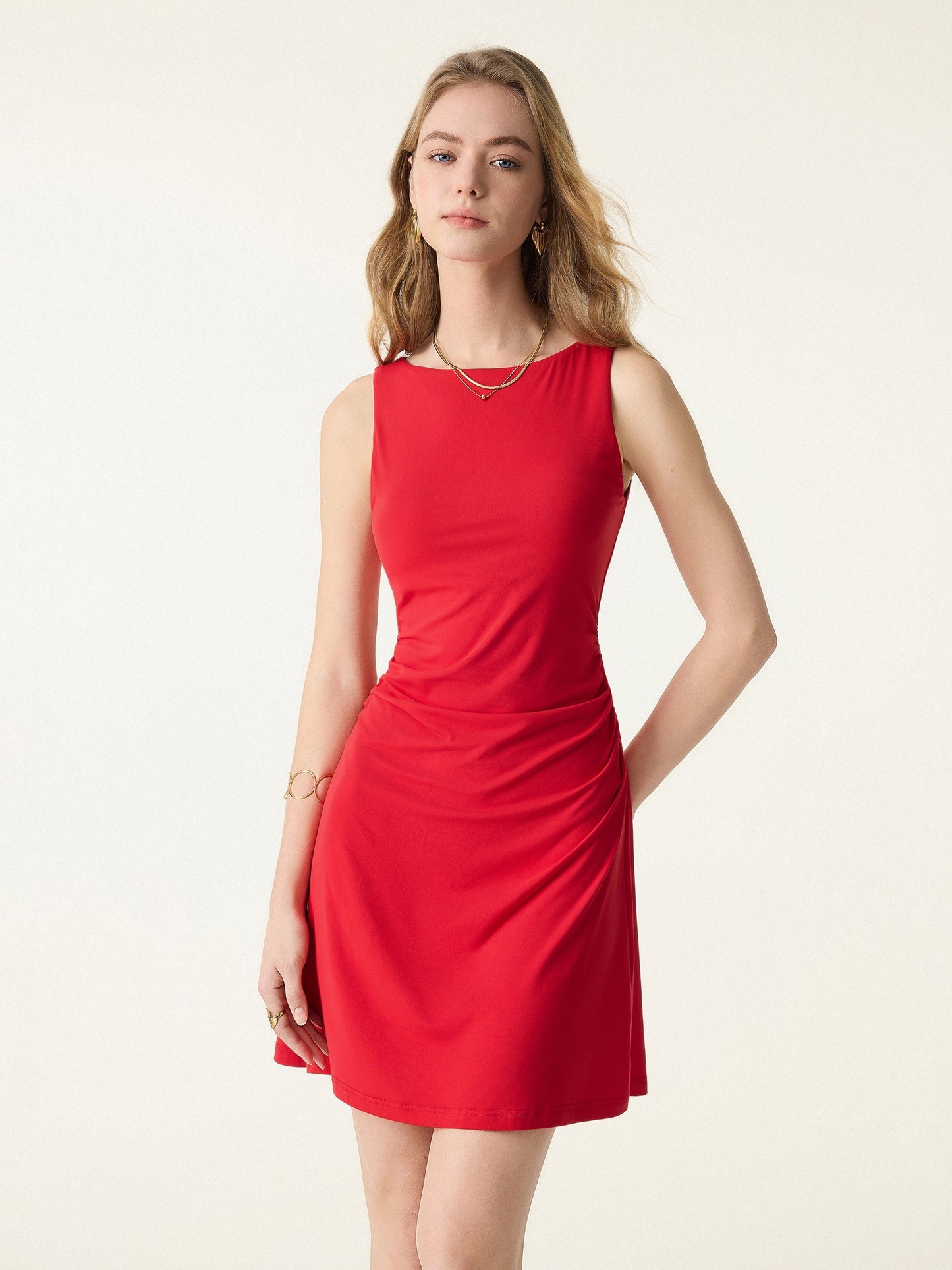 Damen Bootsausschnitt Raffung A-Linie Mini-Bra-Kleid
