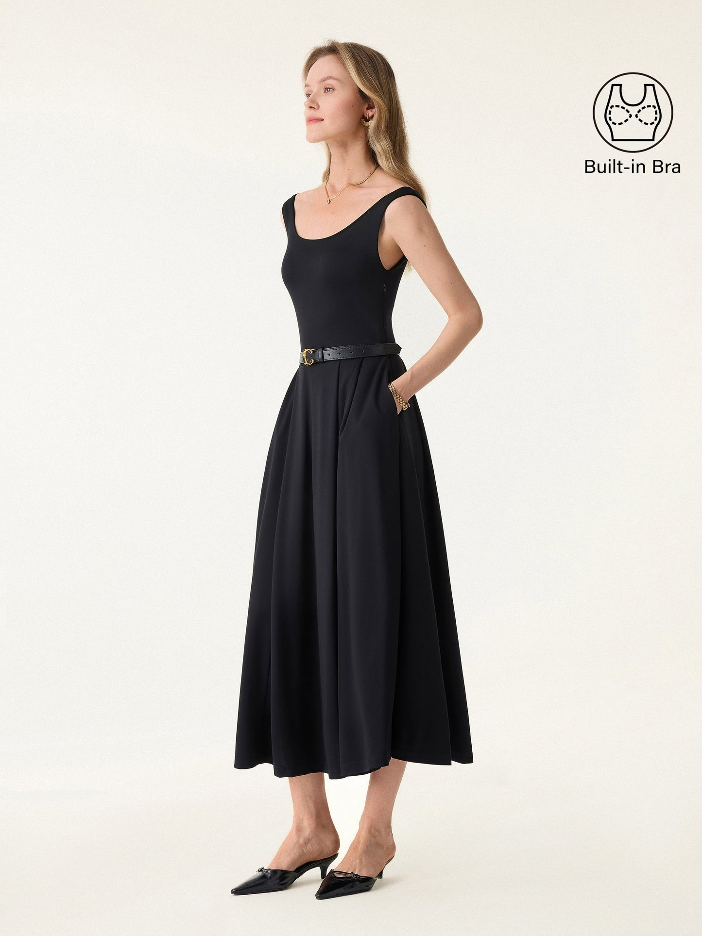 Damen Midi-Bra-Kleid mit Rundhalsausschnitt und Taschen
